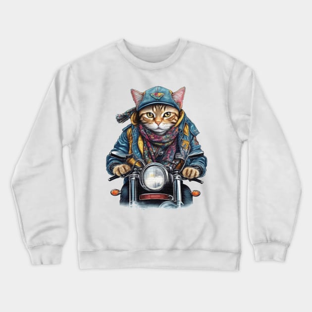 cat wearing a jackets hat and a scarf on a motorcycle Crewneck Sweatshirt by JnS Merch Store